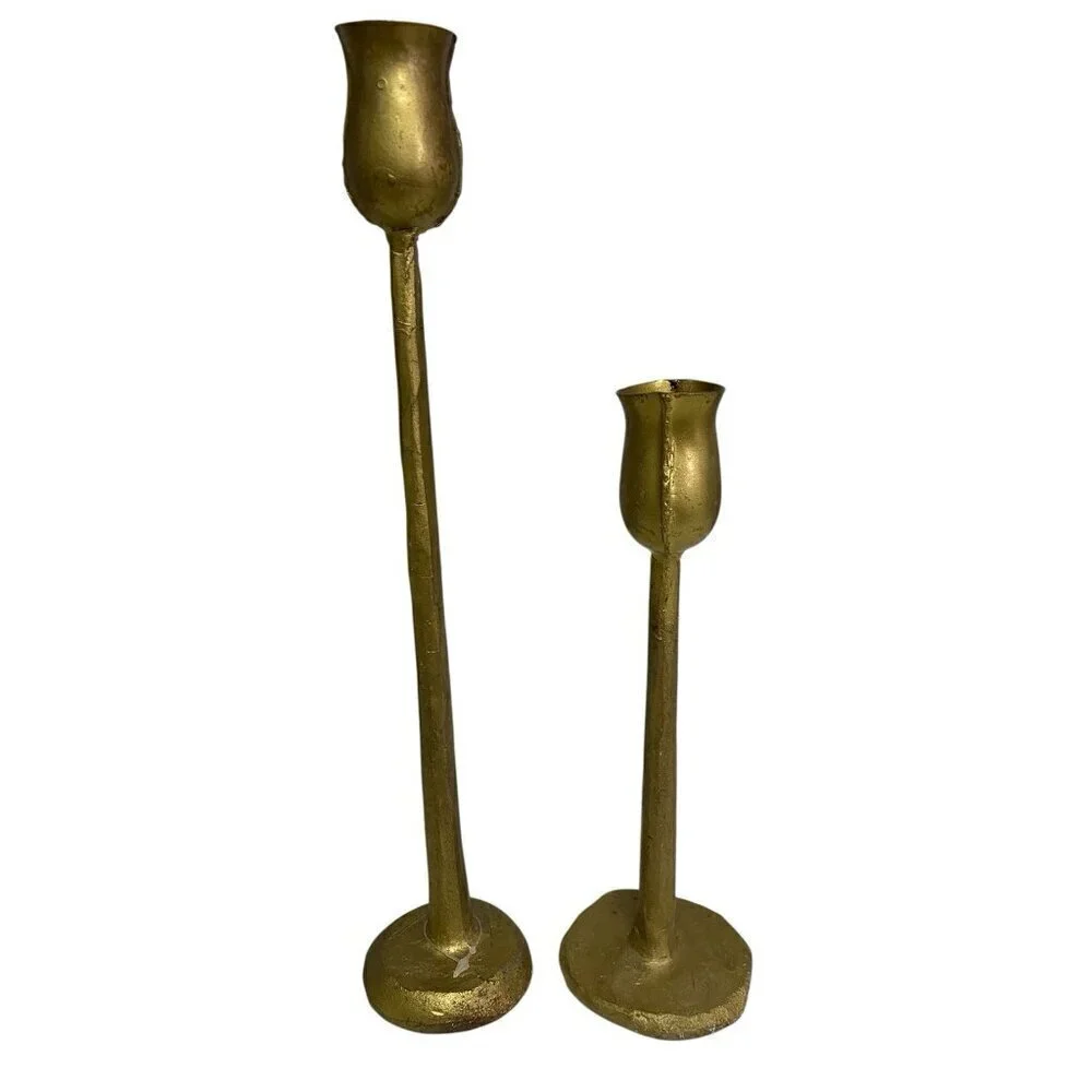 Pair Forged &Molded Iron Taper Candle Holders Gold Tone Brutalist Style 12